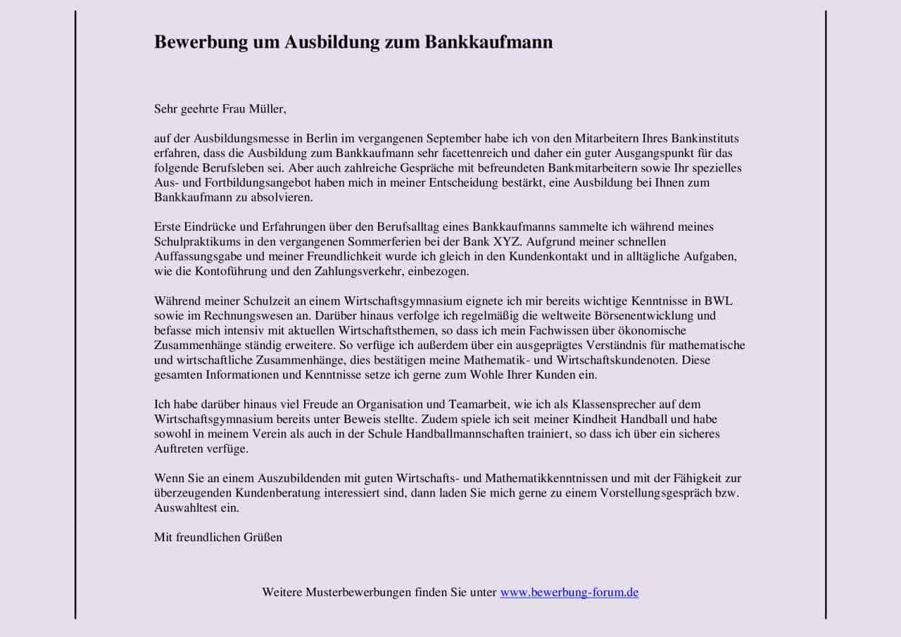 Bankkaufmann Bewerbung um Ausbildung ᐅ Muster Bankkaufrau