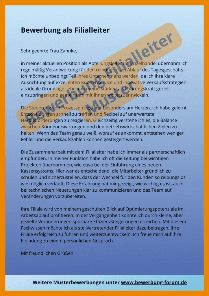 Bewerbung Filialleiter Muster Filialleitung