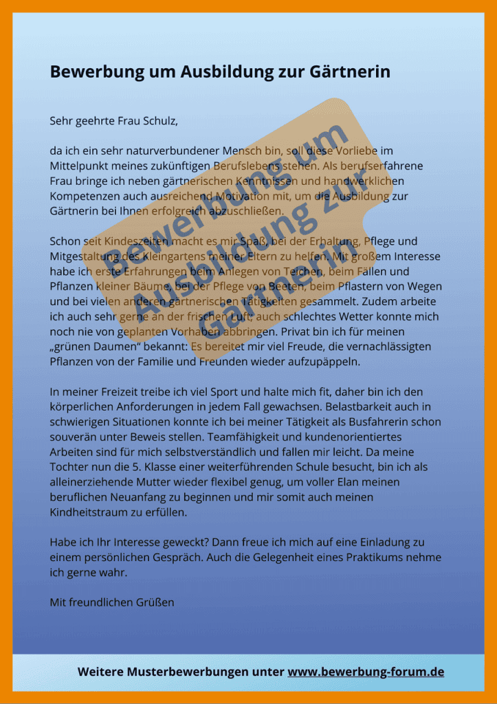 Bewerbung Gärtnerin Ausbildung Vorlage