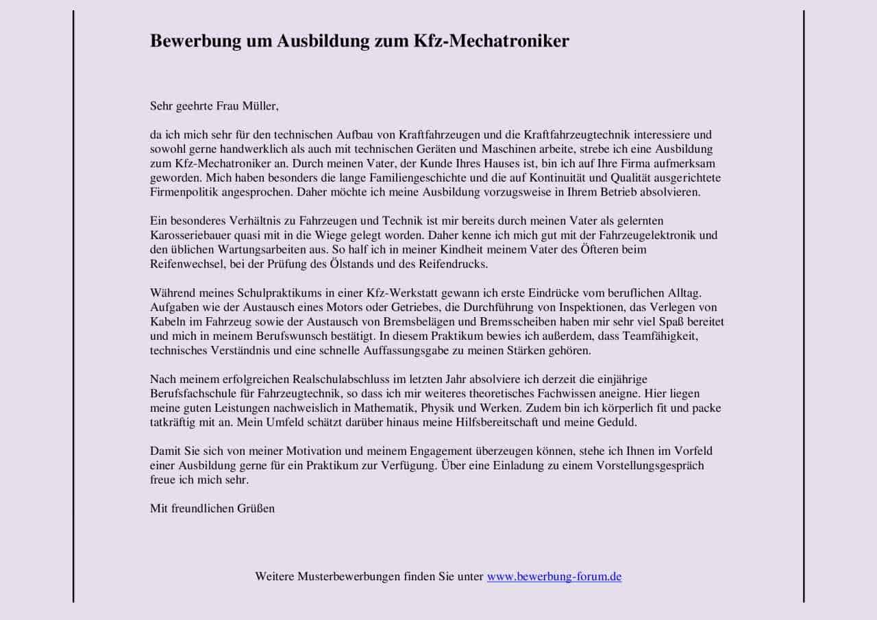 KfzMechatroniker Bewerbung Ausbildung Muster PDF + Tipps