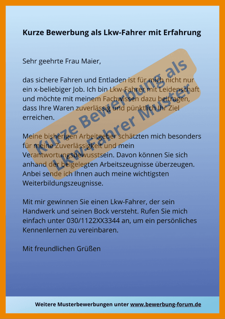 Kurze Bewerbung als Lkw-Fahrer Anschreiben Muster